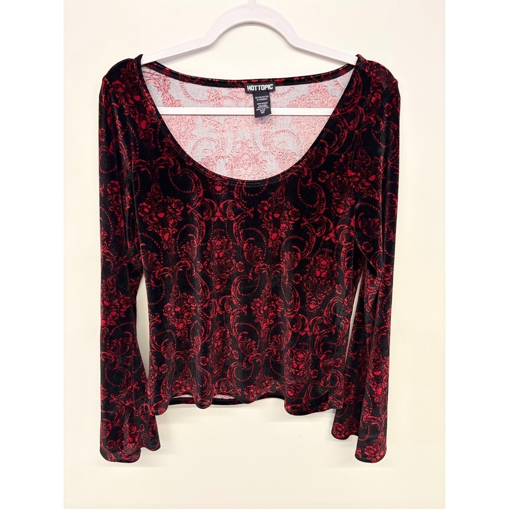 Whimsigoth Gothic Bell Sleeve Damask Skull Velvet Top Hot Topic M Red Black 90s